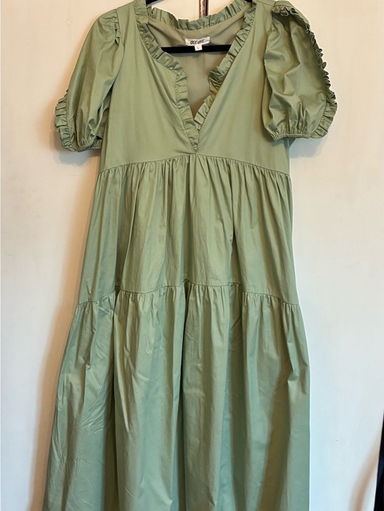 GeeGee Dresses & Skirts - Ruffle V-Neck Tiered Casual Dress in Sage Green
